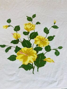 Vintage 50s California Hand Prints Tablecloth yellow hibiscus floral